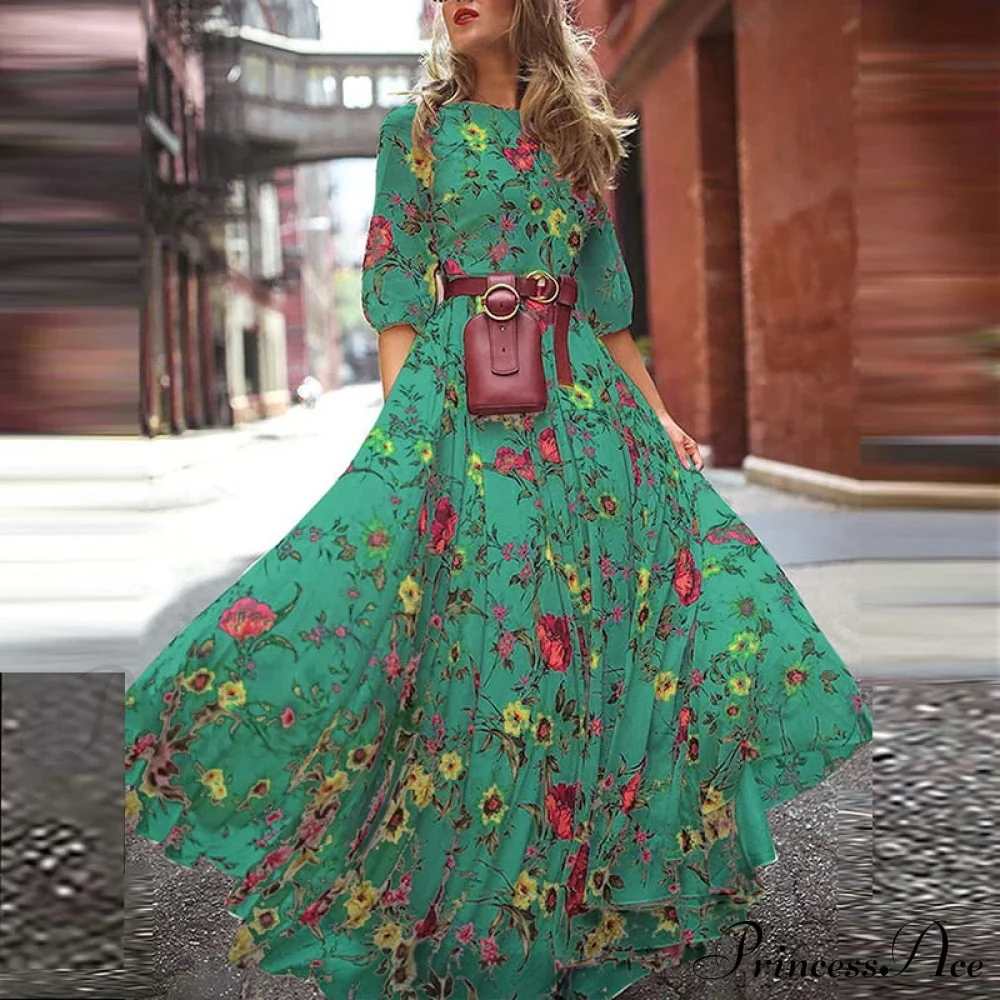 Vintage Warm-Season Printing Gown Flowered Long Fashion Elegant Three Party Quarter O-Neck Arm Streetwear - Image 5