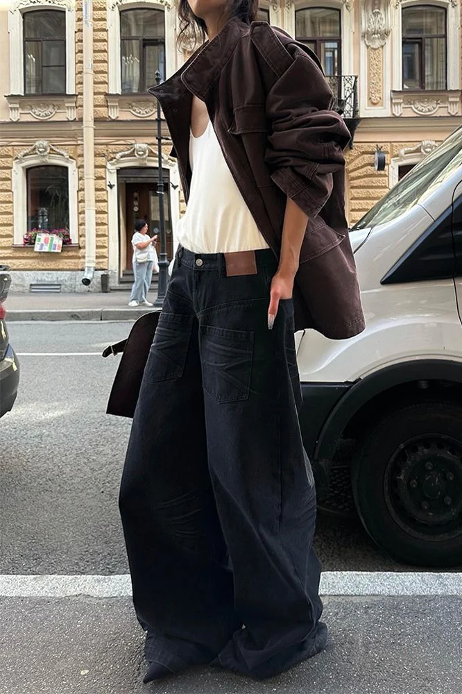 Vintage Washed Reverse Pocket Wide Leg Floor Jeans - Image 2