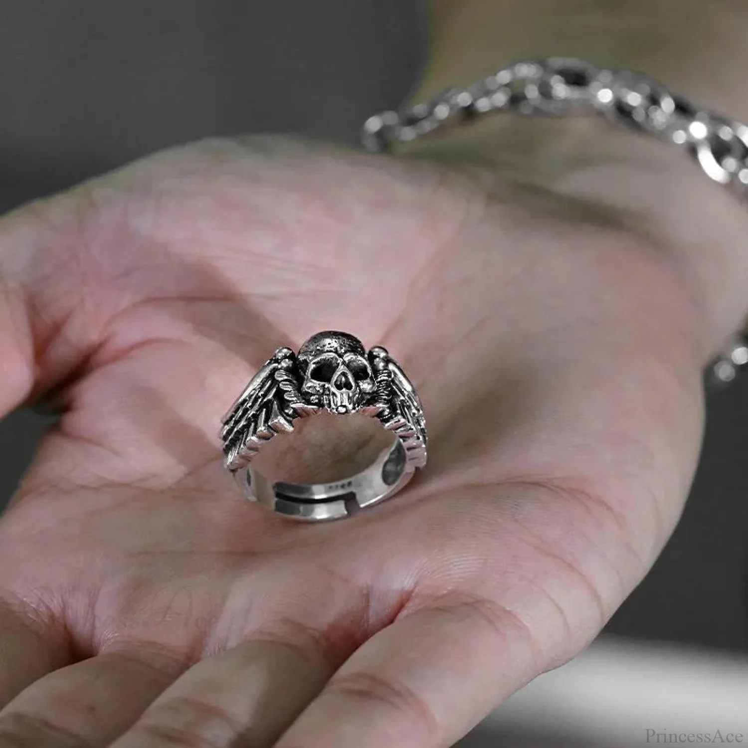Vintage Wings Skeleton Head Dark Ring - Image 2