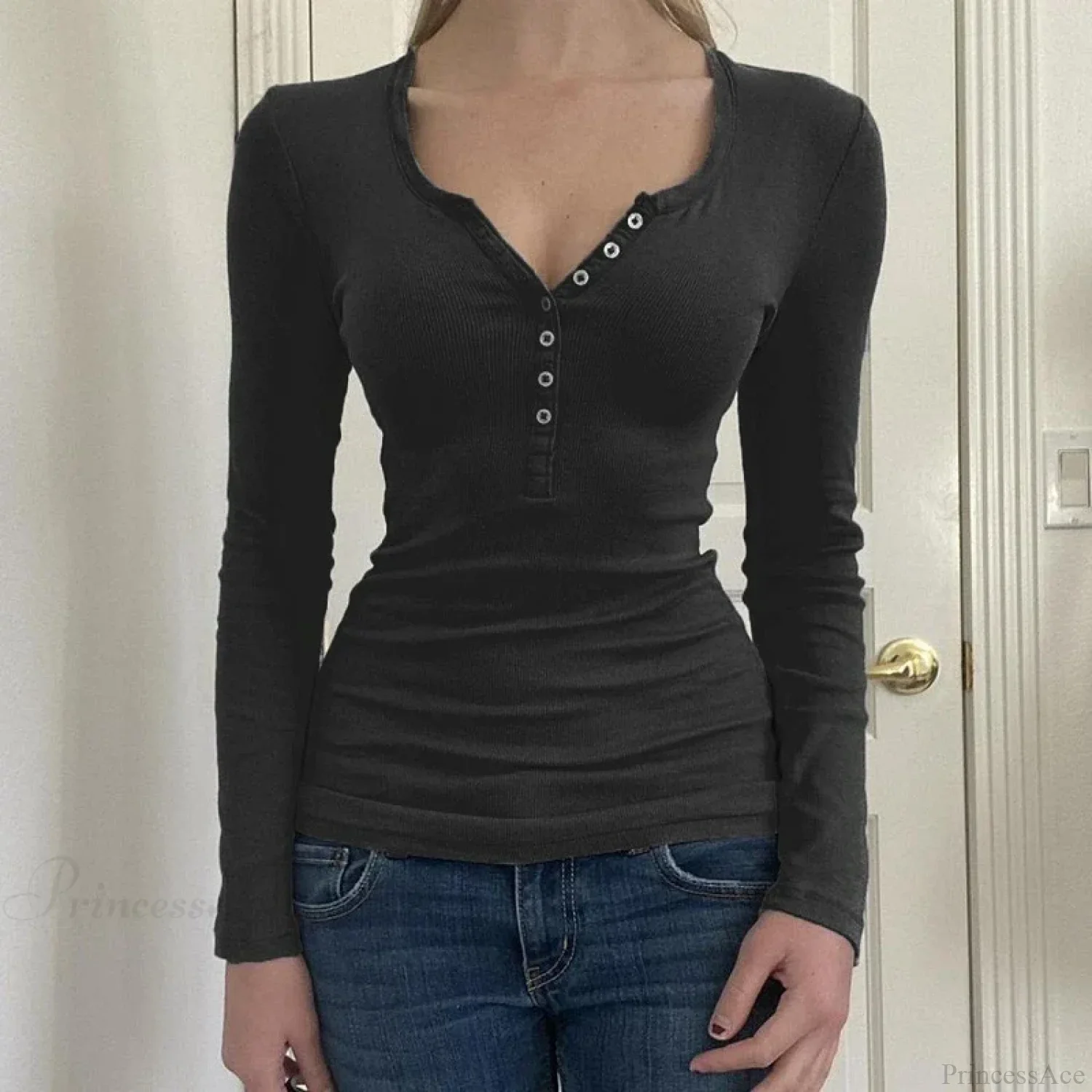 Vintage Y2K Basic Crop Top Grunge Button Slim Fit Knit Top - Image 2