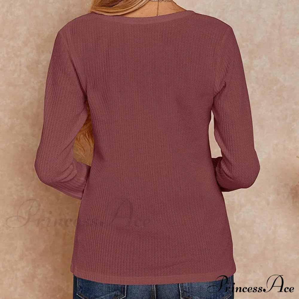 Waffle Neck Tops Knit Henley V for Women - Image 10