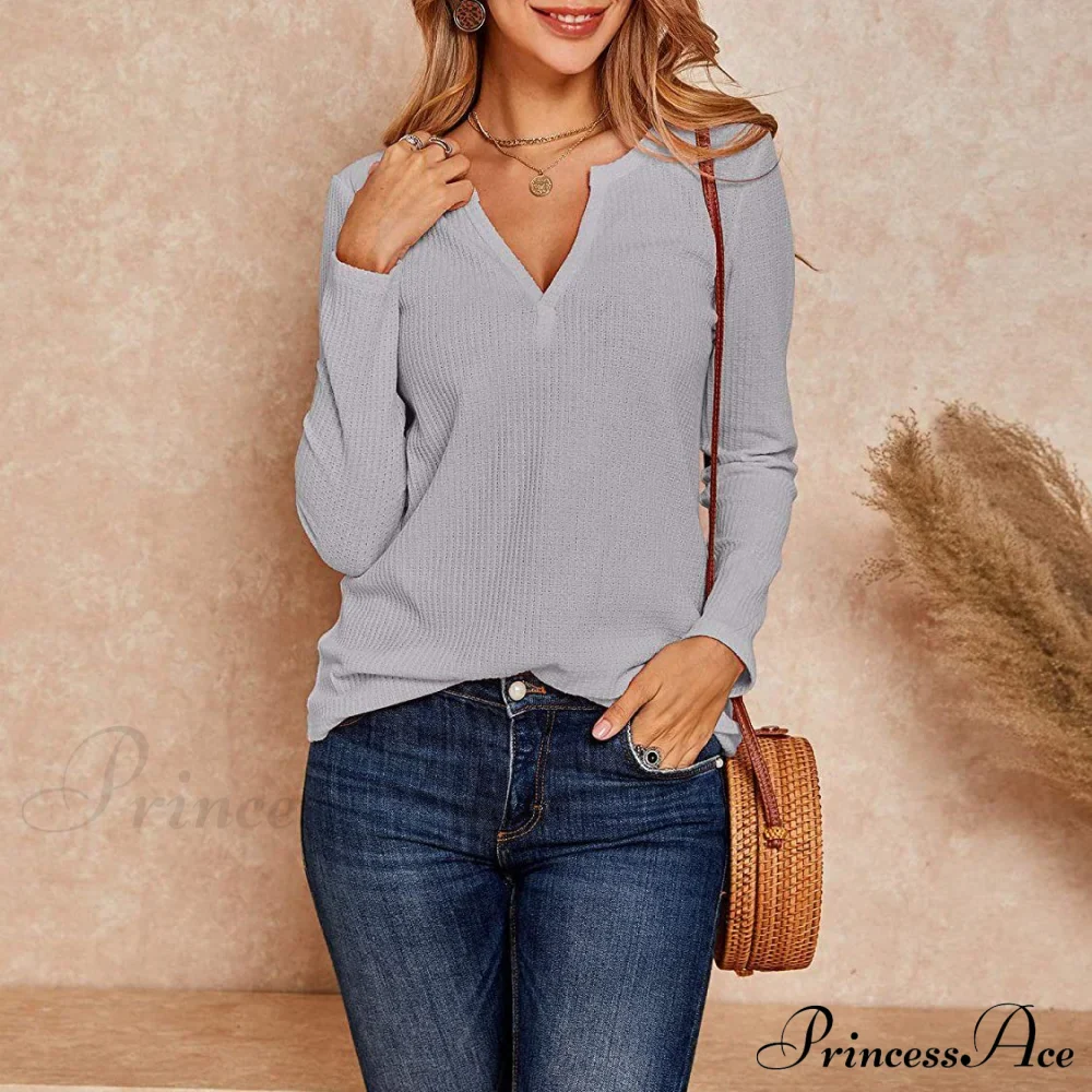 Waffle Neck Tops Knit Henley V for Women - Image 4