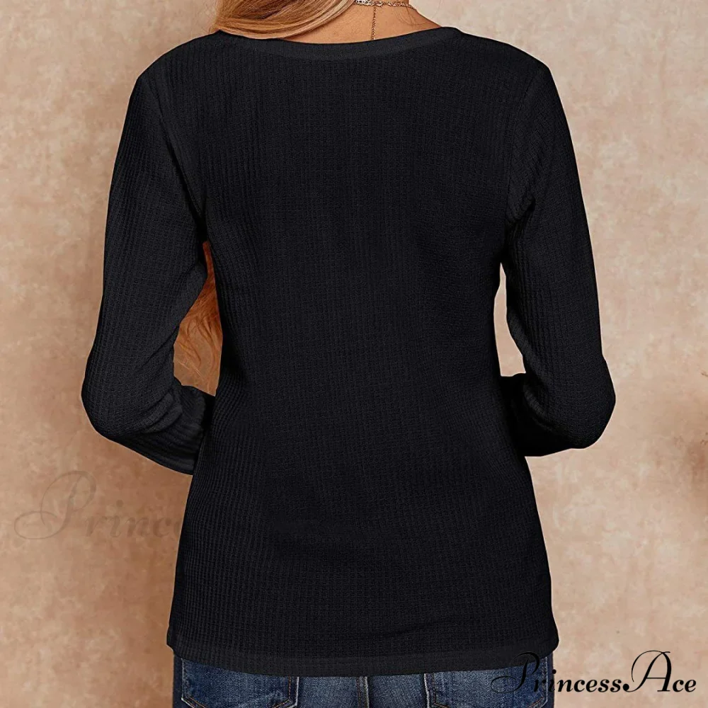 Waffle Neck Tops Knit Henley V for Women - Image 9