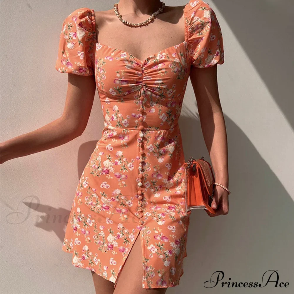 Waist Arm A-Line Puff Women's V-Neck High Flowered Dress - Image 3