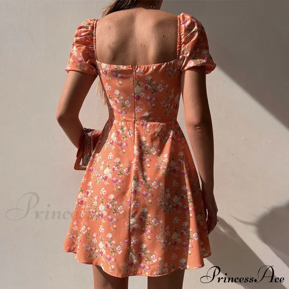 Waist Arm A-Line Puff Women's V-Neck High Flowered Dress - Image 4