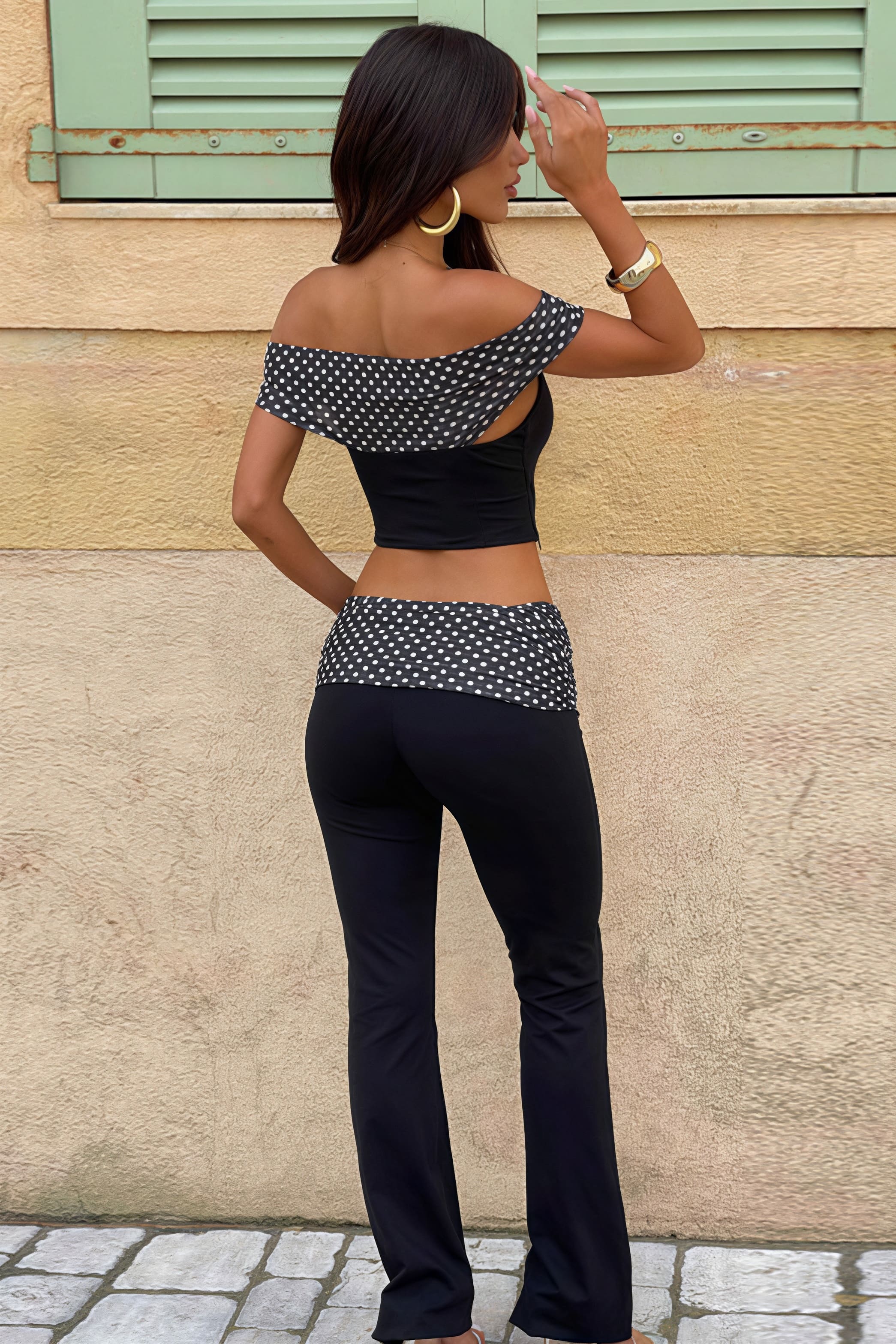 Waist Cuffed Polka Dot Flare Off Shoulder Two Piece Set - Image 3
