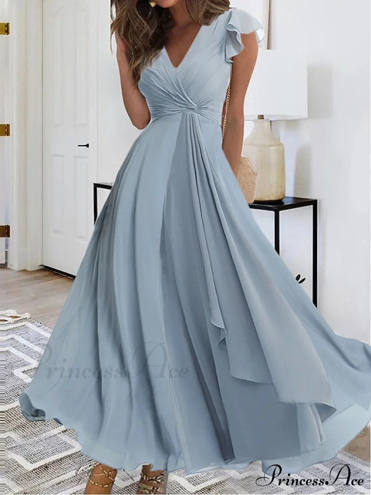 Warm-Season V Neck Layered Guest Party Sleeveless M Women's Prom L Blue Wedding Full-Length Gown S Gown XL