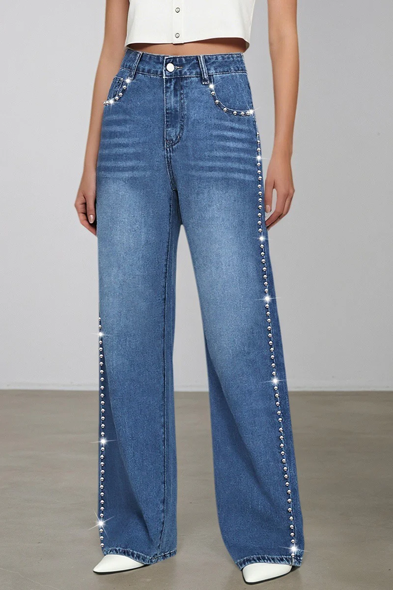 Washed Beaded High Waist Straight Leg Jeans - Image 2