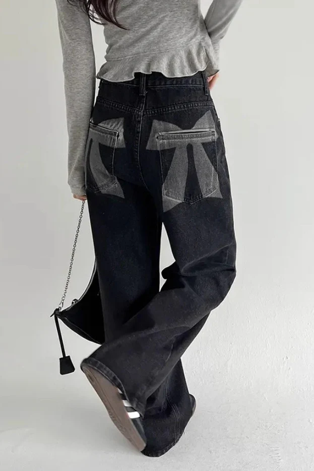 Washed Bow Print Pocket Wide Leg Jeans - Image 2