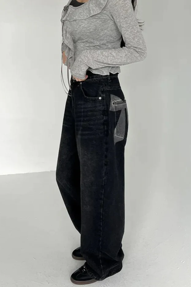 Washed Bow Print Pocket Wide Leg Jeans - Image 3