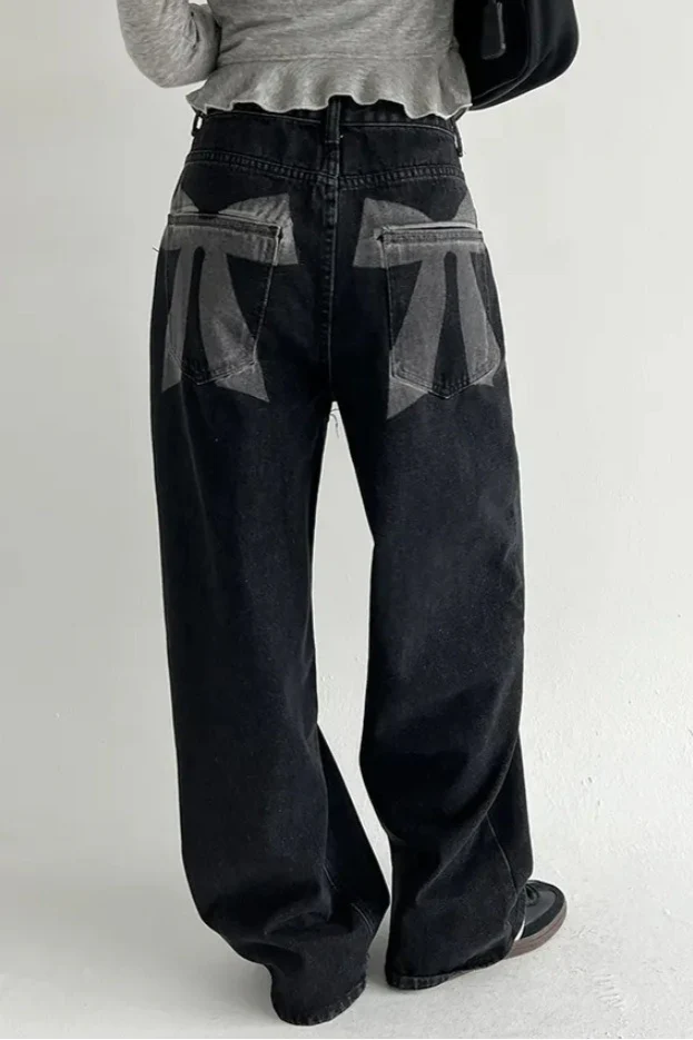Washed Bow Print Pocket Wide Leg Jeans - Image 5