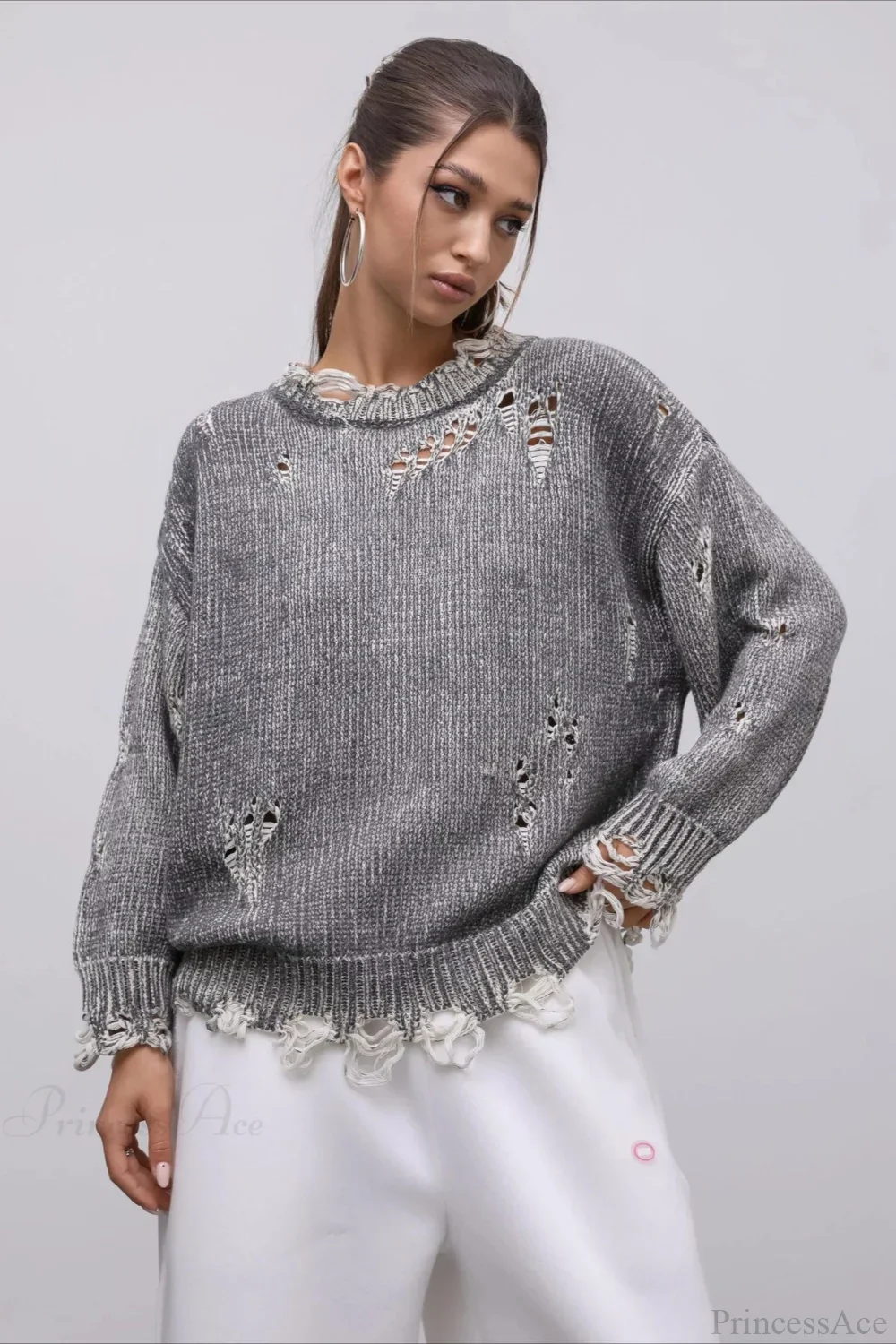 Washed Crew Neck Distressed Mid-Length Sweater - Image 8