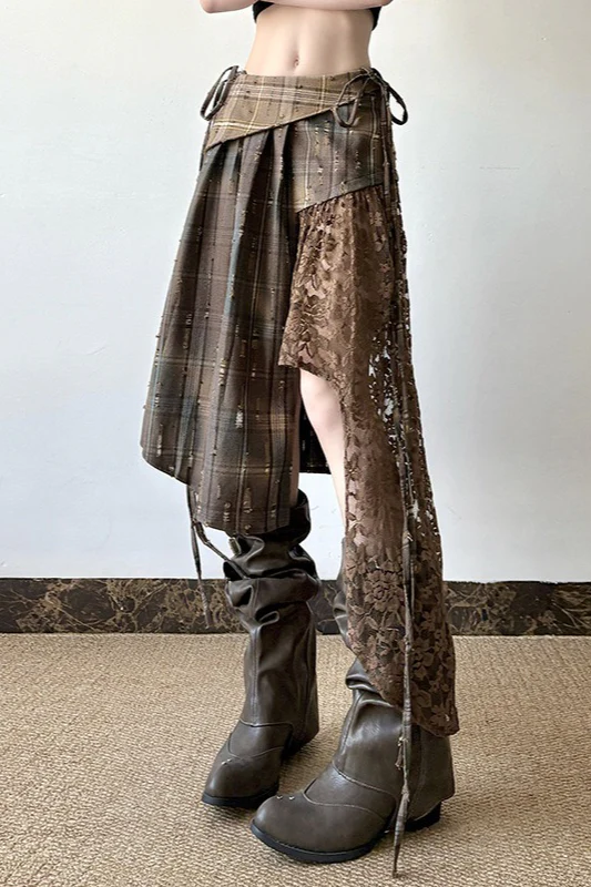 Wasteland Plaid Asymmetrical Lace Skirt - Image 3