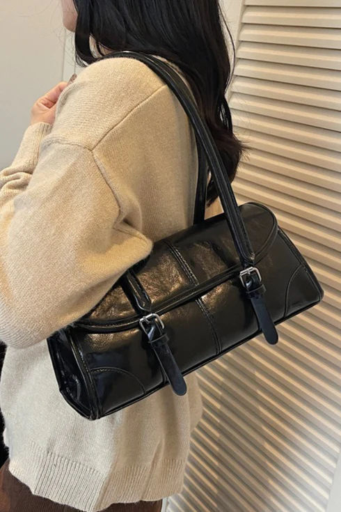 Waxed Leather Retro Long Handbag Chic Shoulder Underarm Commuter Bag - Image 12