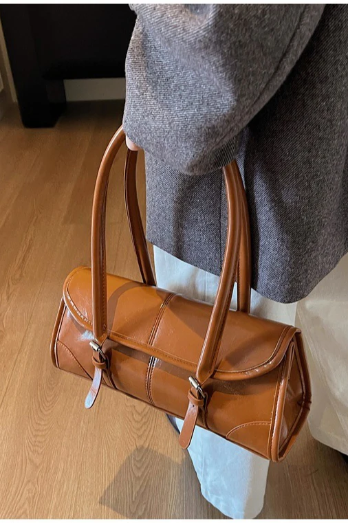 Waxed Leather Retro Long Handbag Chic Shoulder Underarm Commuter Bag - Image 8