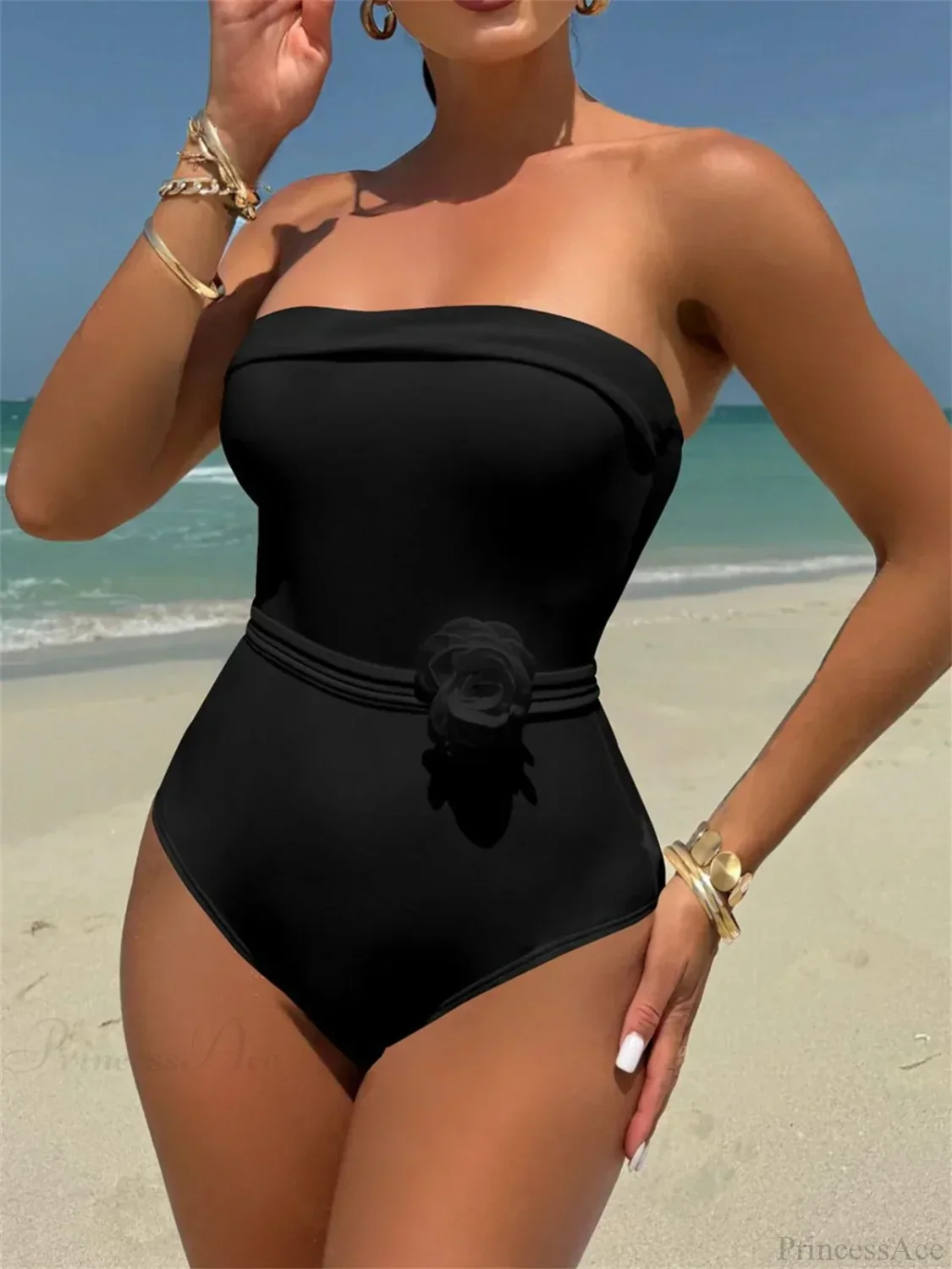 White Black 3D Flower One Piece Swimsuit - Image 2