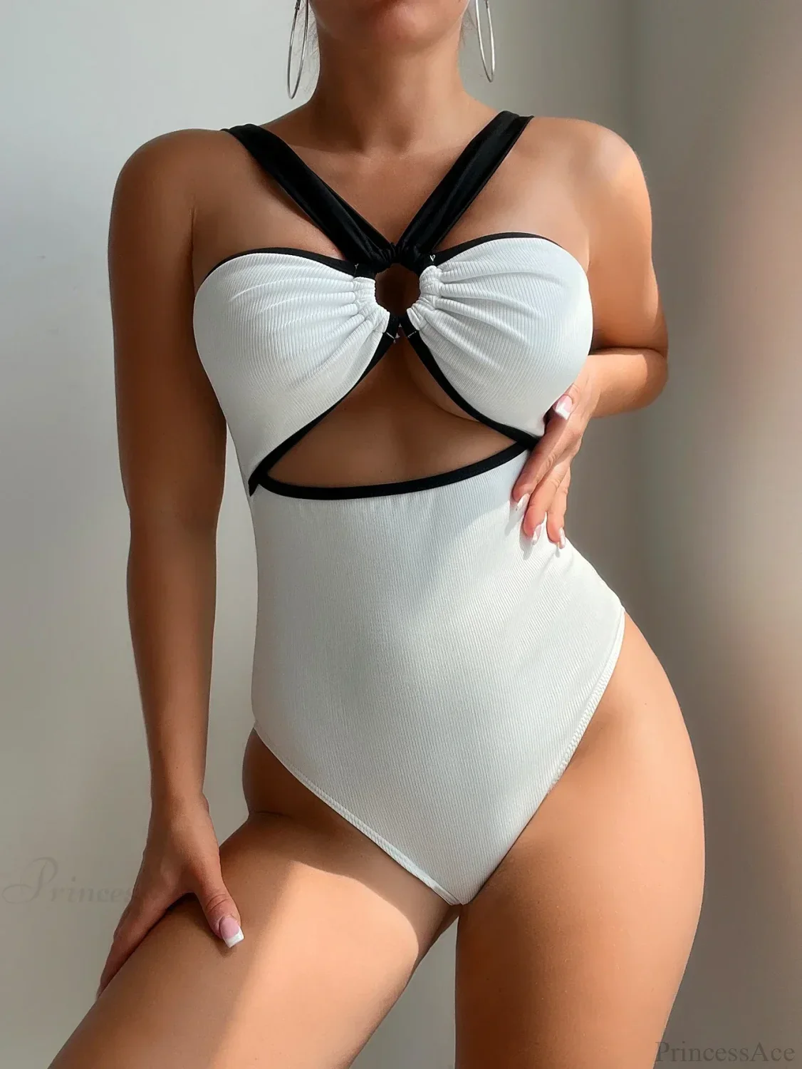 White Black Patchwork Metal Ring One Piece - Image 4