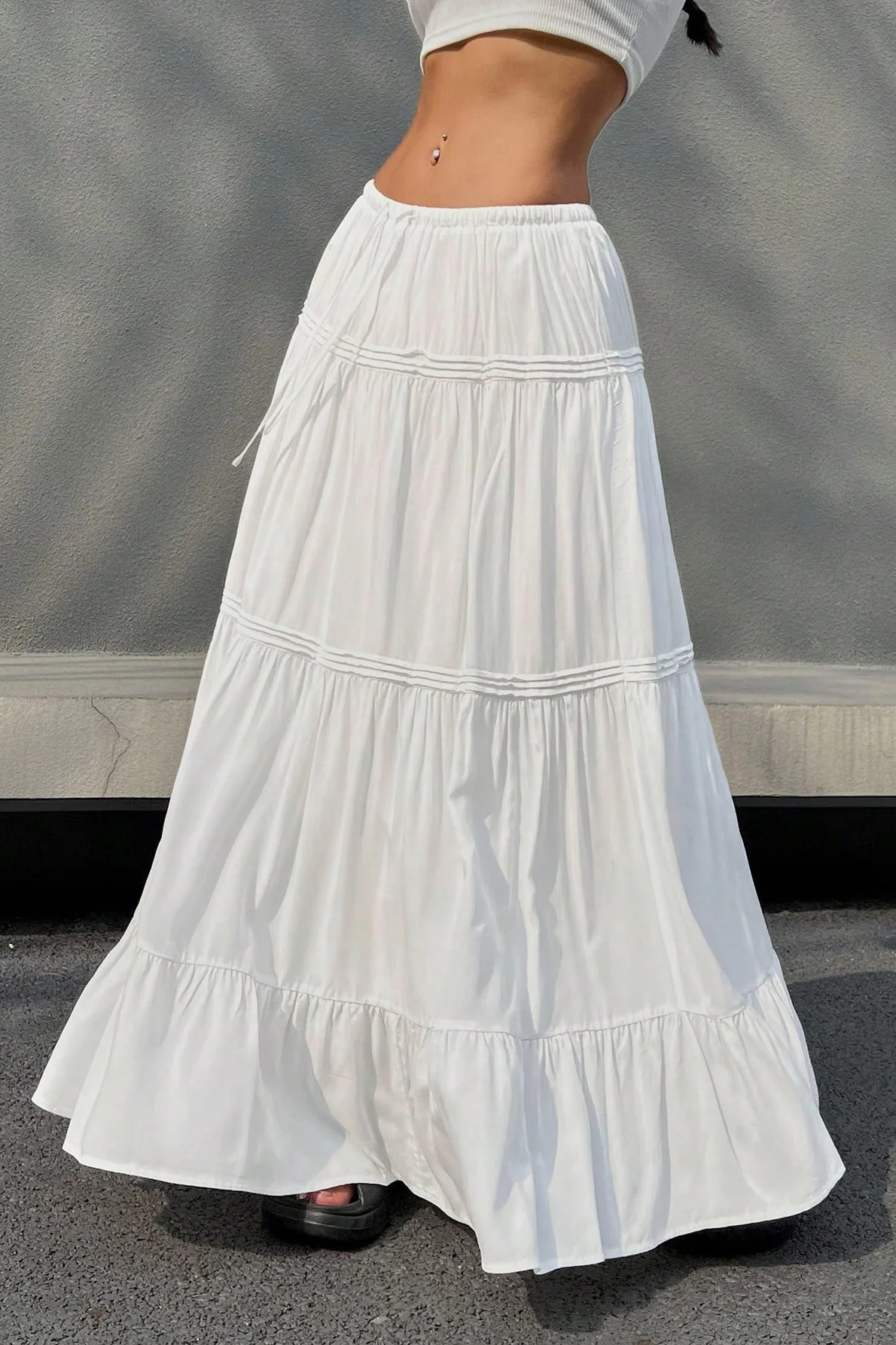 White Casual Tiered Midi Skirt - Image 2