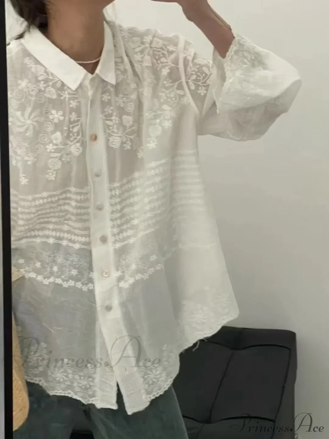 White Cotton Embroidery Lace Long Sleeve Boho Beach Blouse - Image 3