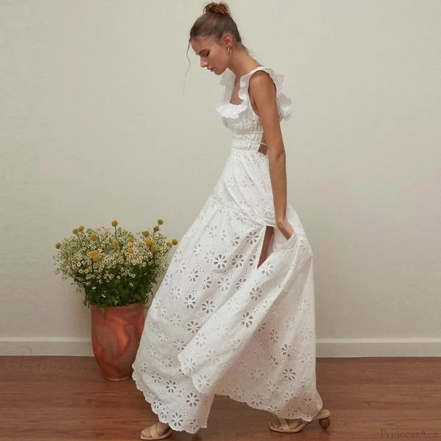 White Cotton Floral Lace Maxi Dress - Image 2