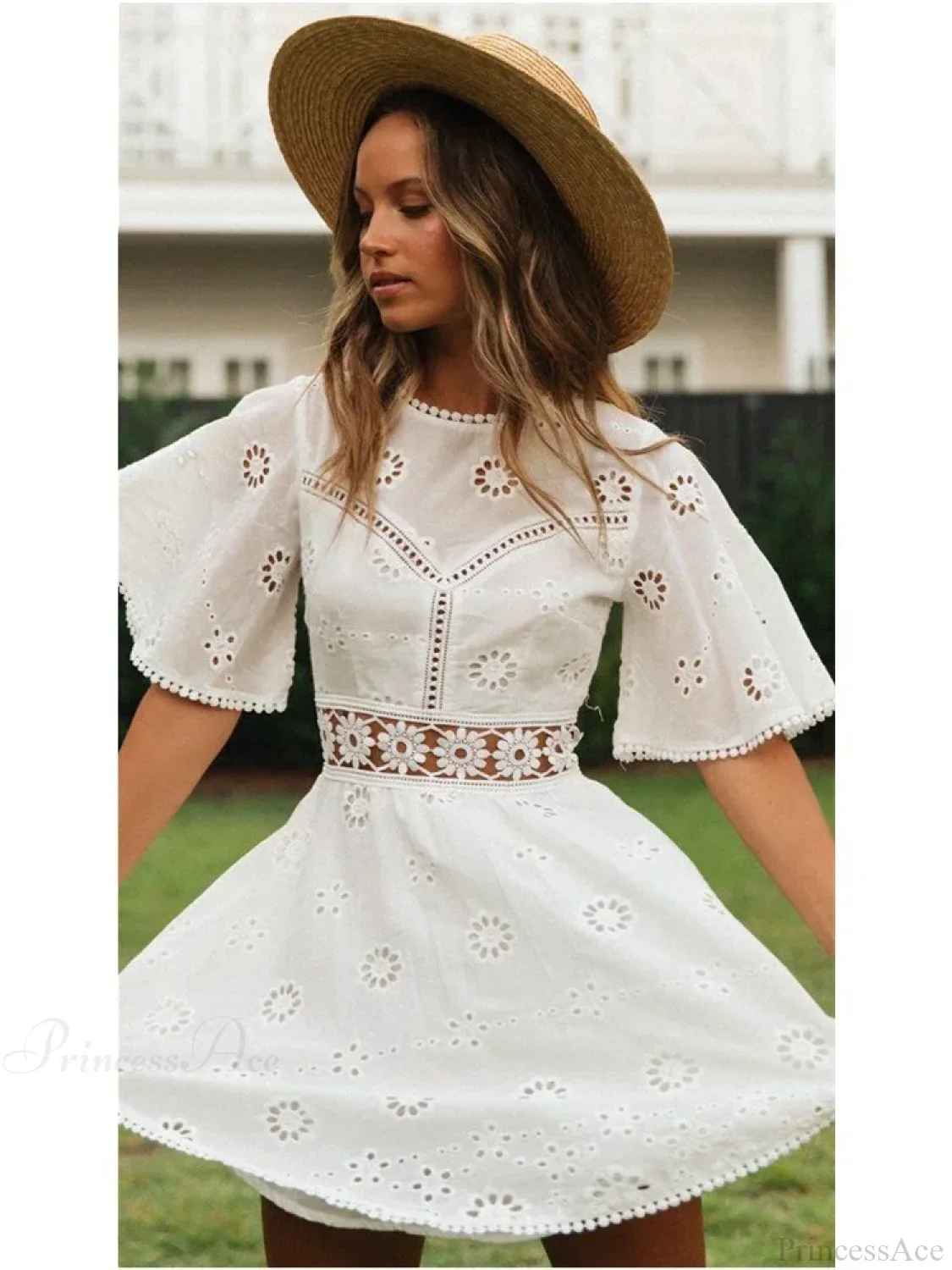 White Cotton Half Sleeve Sexy Backless Hollow Out Mini Boho Dress - Image 2