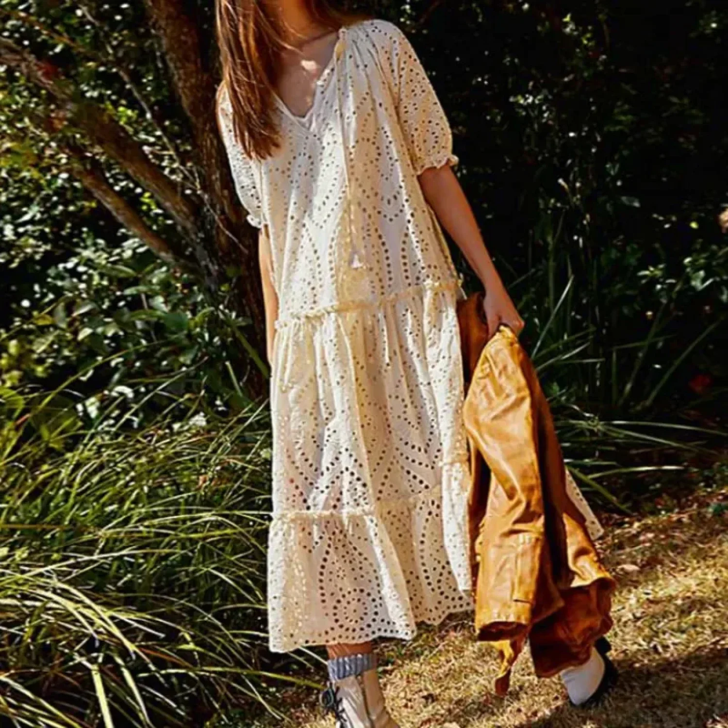 White Cotton Long Lace Dress - Image 4