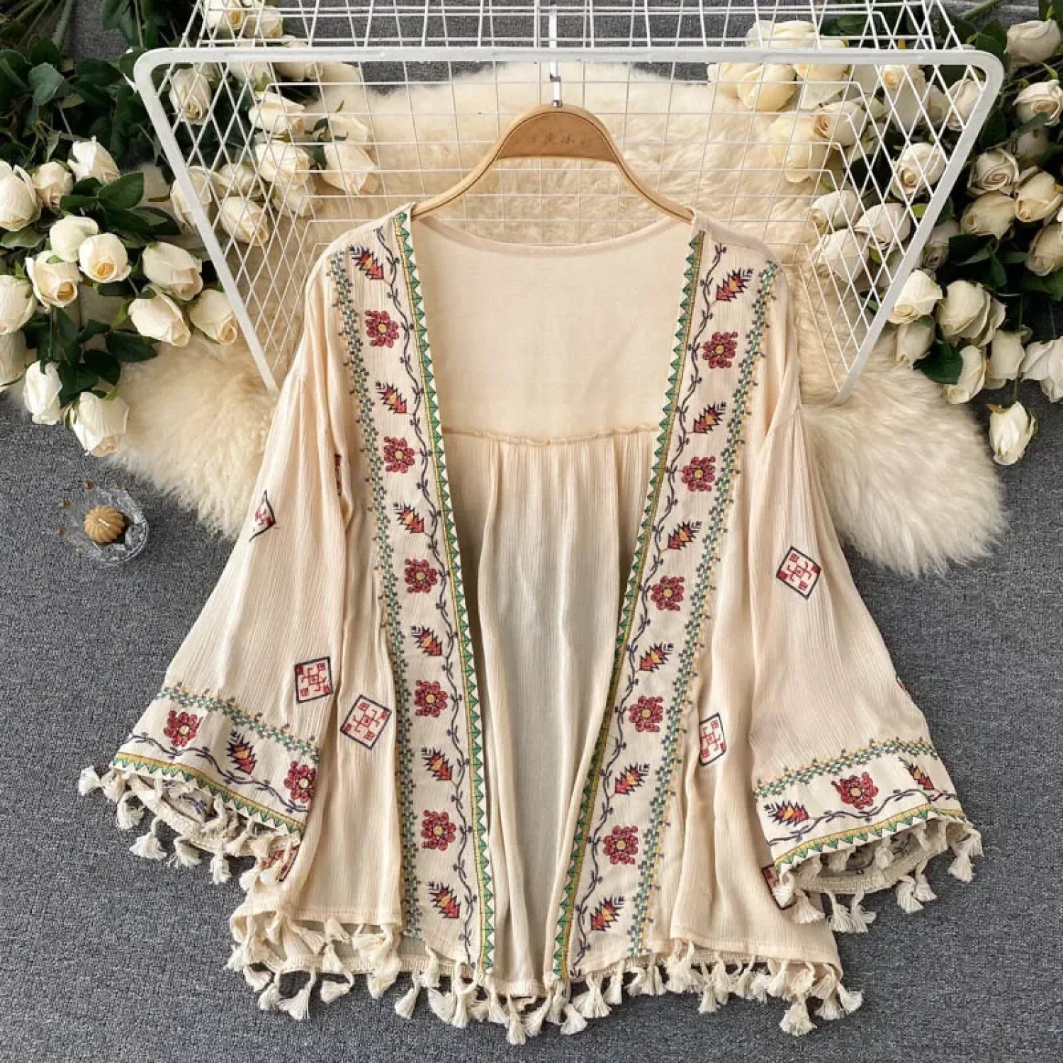 White Cotton Rayon Floral Embroidery Beach Cover up - Image 4