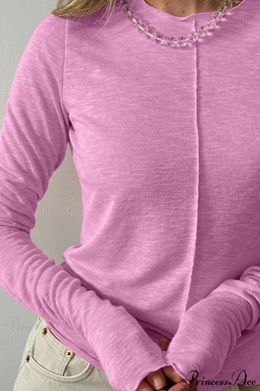 White Crew Neck Knit Panel Long Sleeve Tee - Image 5