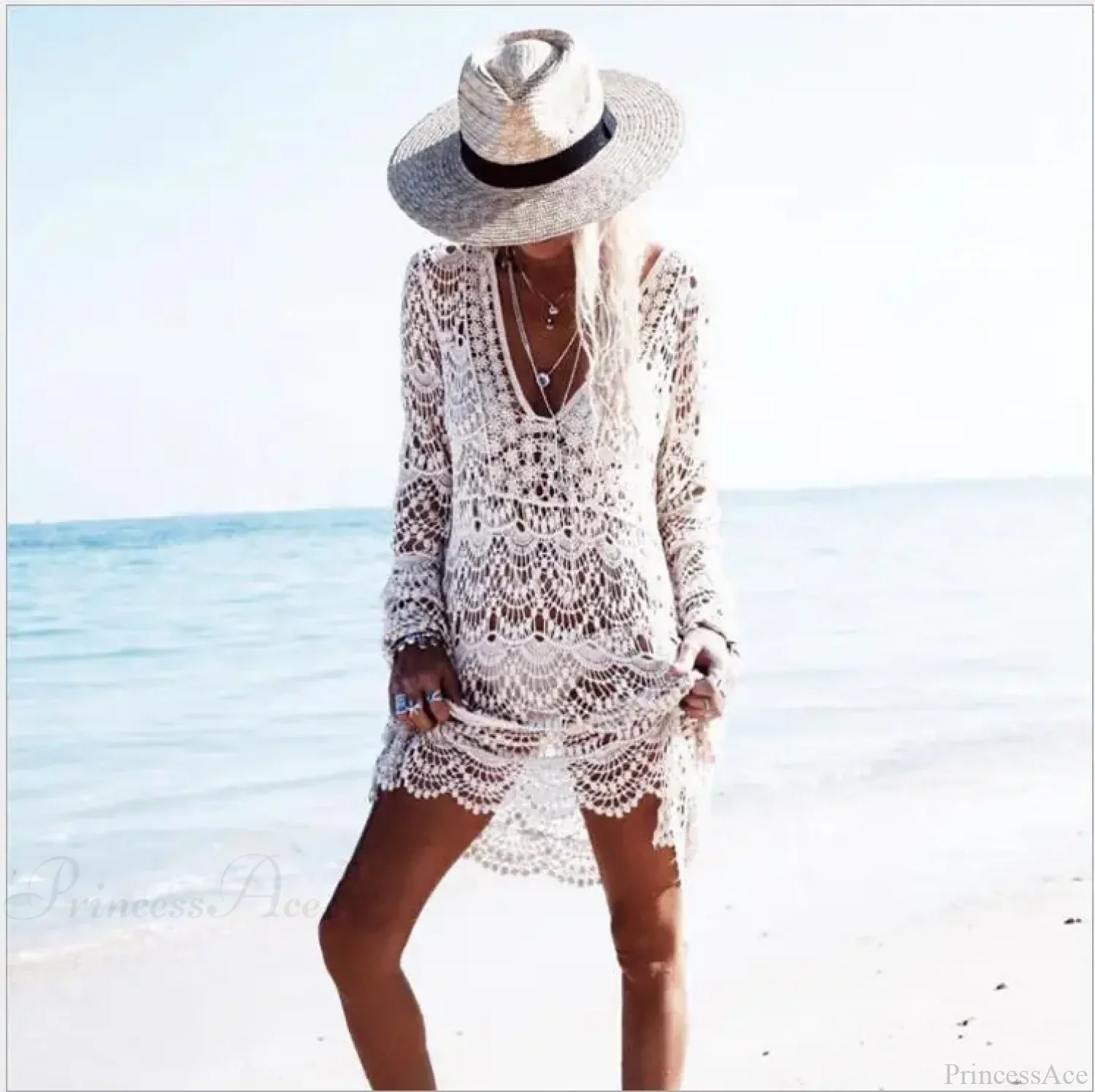 White Crochet Lace Bikini Boho Beach Cover up - Image 4