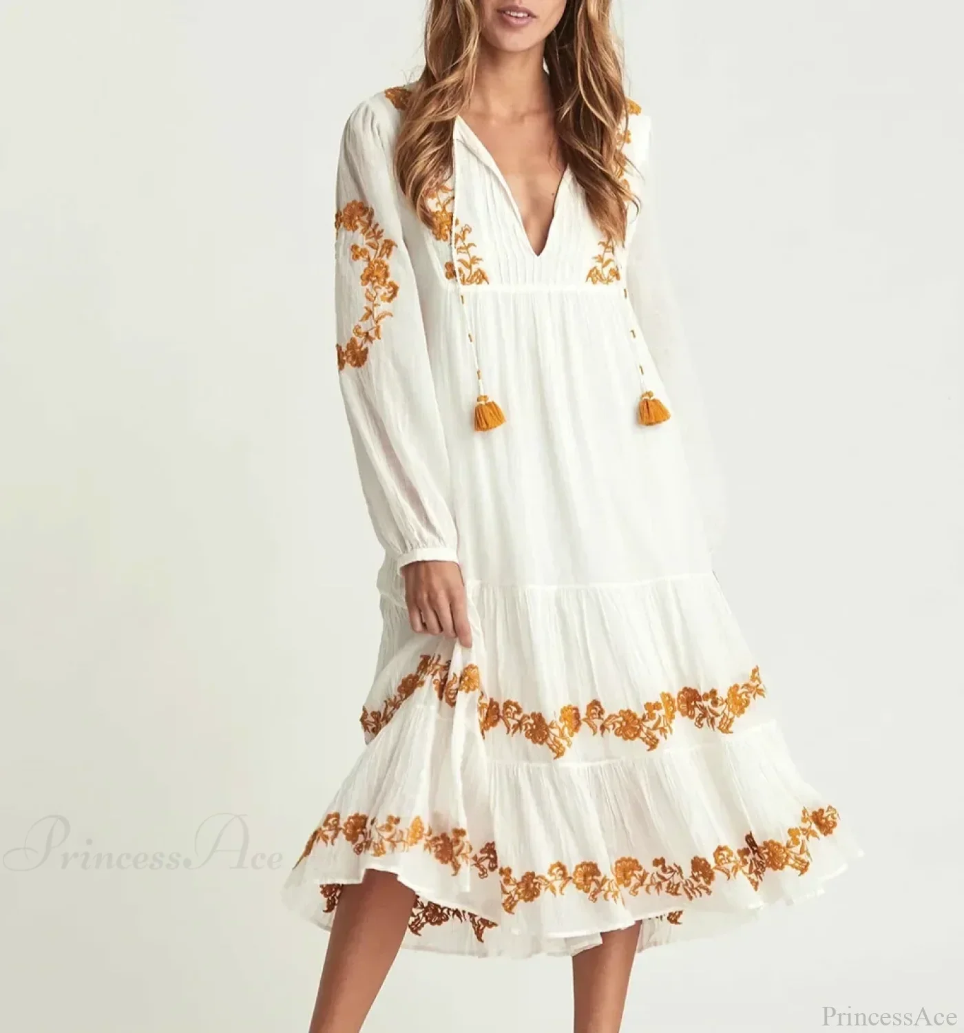 White Deep V Neck Long Sleeve Dress - Image 2