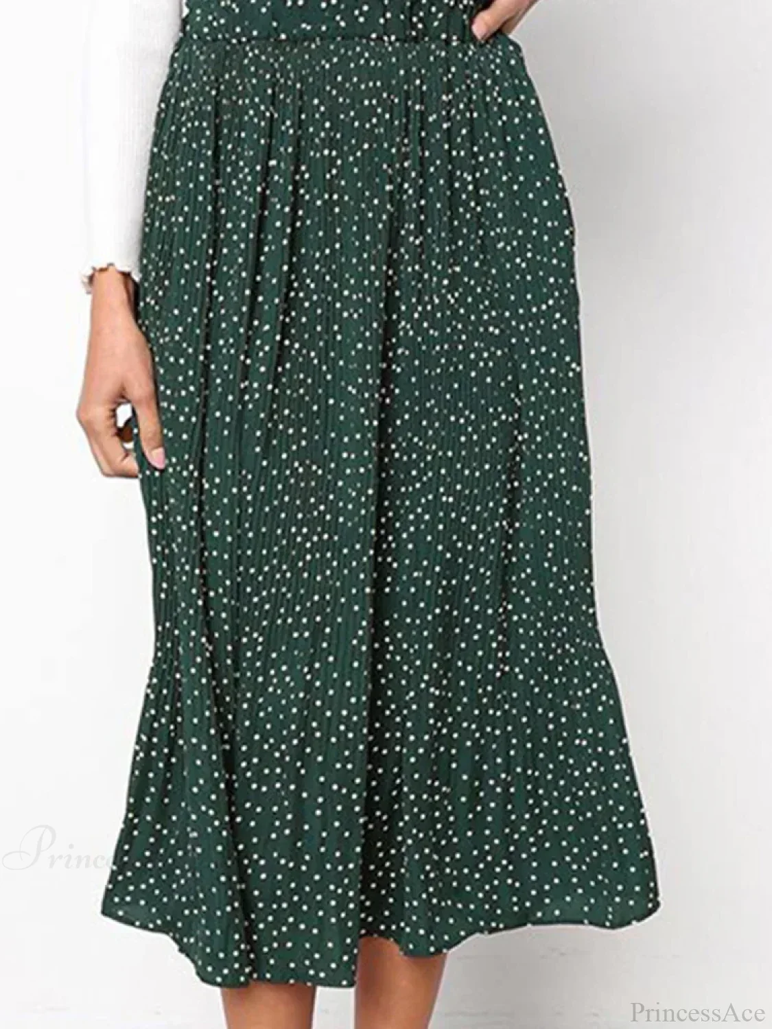 White Dots Floral Print Pleated Midi Skirt with Pockets - Image 3
