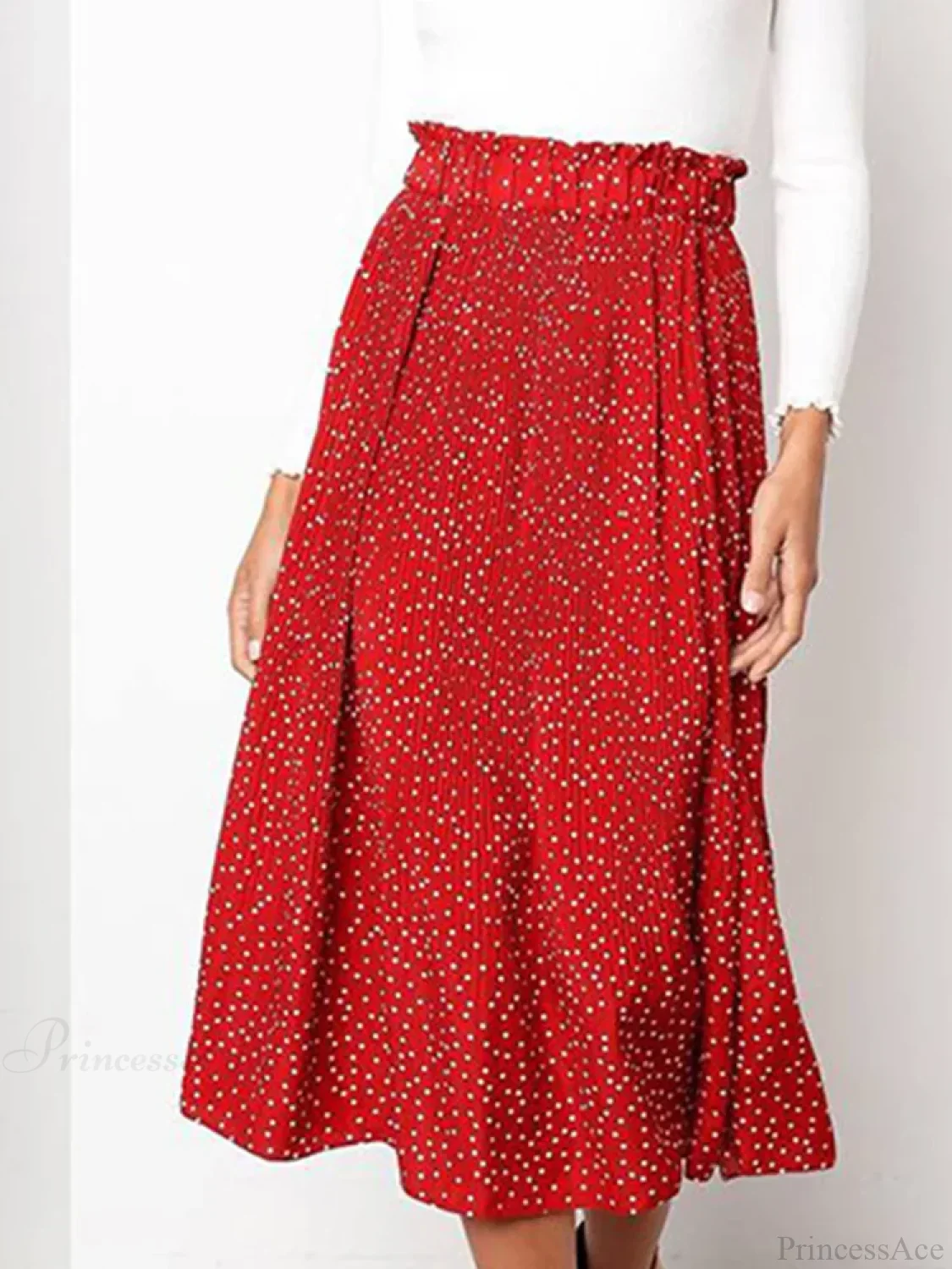 White Dots Floral Print Pleated Midi Skirt with Pockets - Image 4