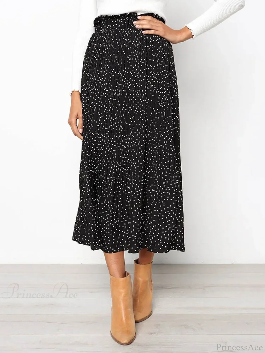 White Dots Floral Print Pleated Midi Skirt with Pockets - Image 6