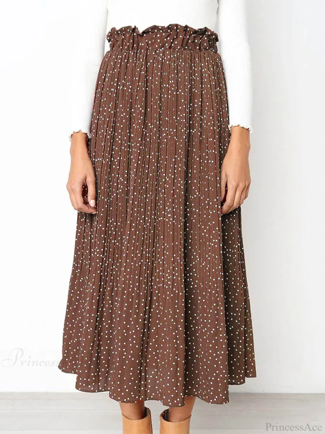 White Dots Floral Print Pleated Midi Skirt with Pockets - Image 7
