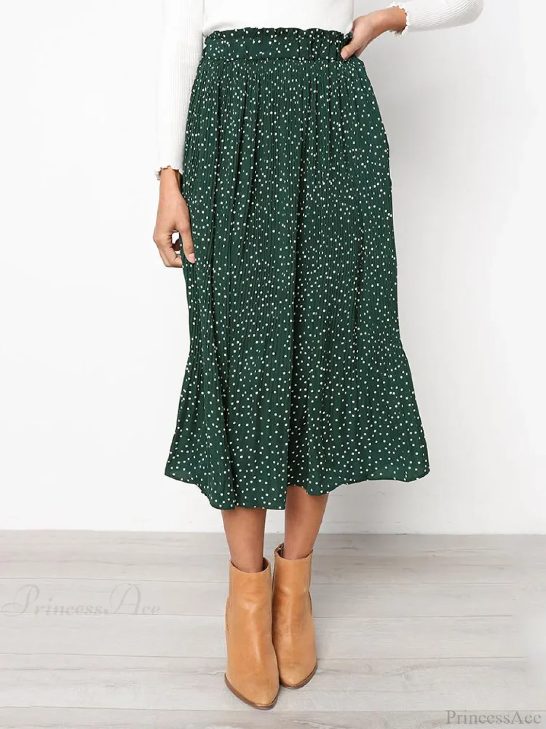 White Dots Floral Print Pleated Midi Skirt with Pockets - Image 8