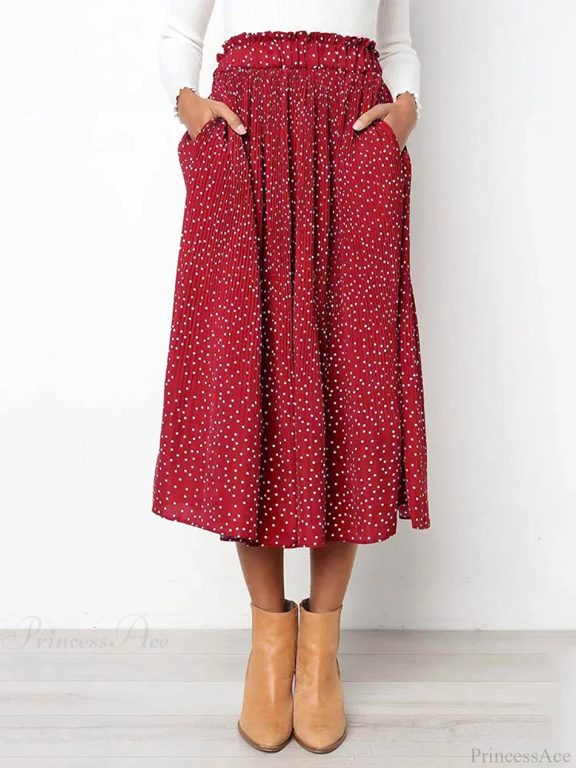 White Dots Floral Print Pleated Midi Skirt with Pockets - Image 9