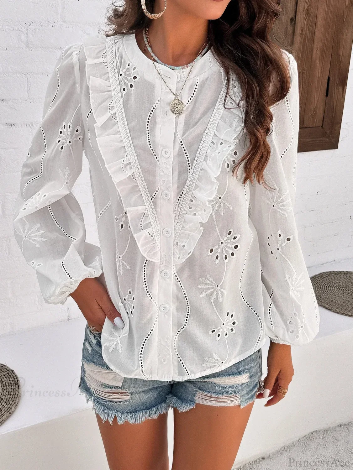 White Floral Embroidery Vintage Long Sleeve Boho Blouse - Image 5