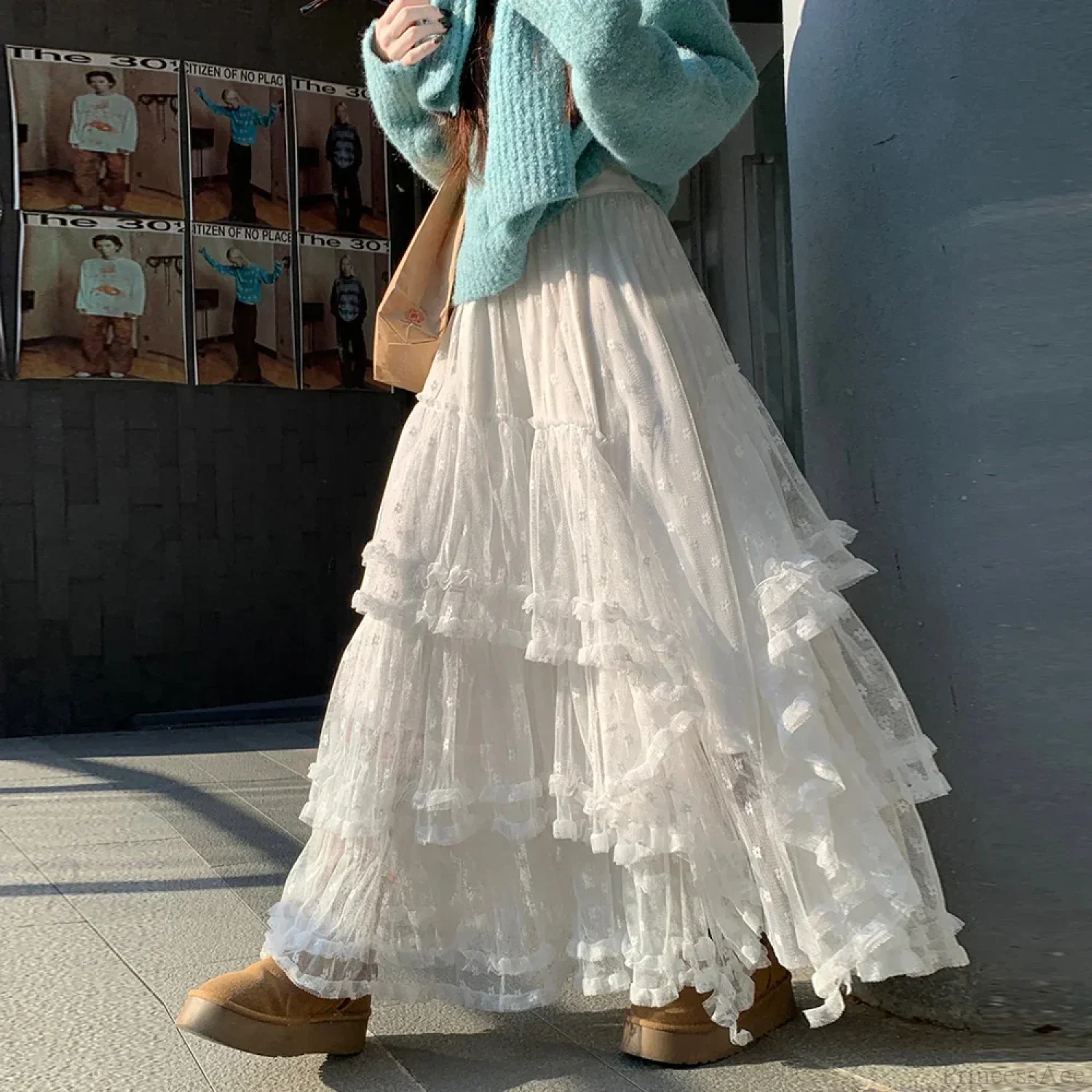 White Floral Tulle Floor-Length Skirt