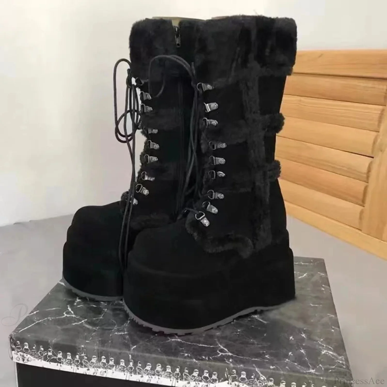 White Hairy Tall Platform Chunky Heel Gothic Winter Boot - Image 3