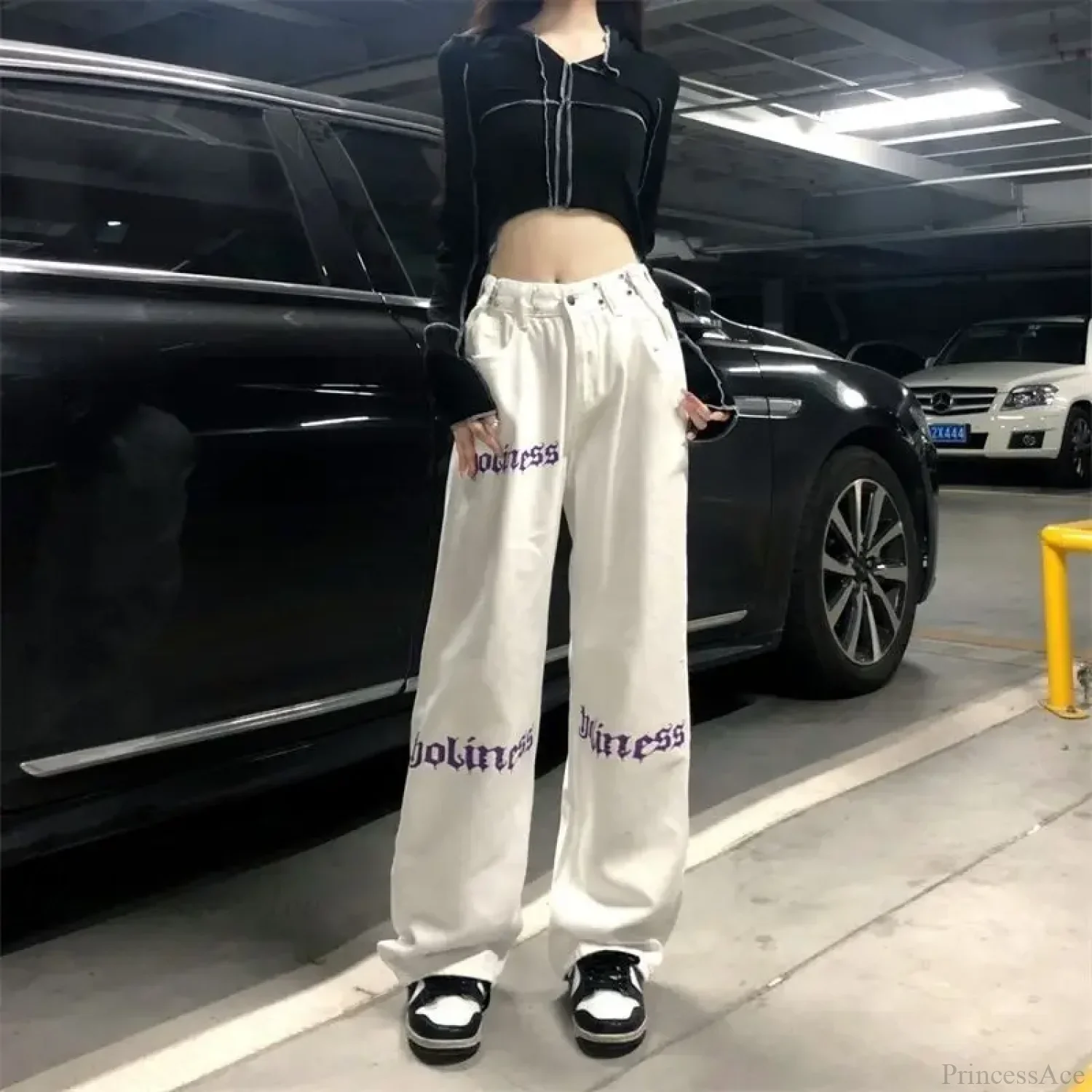 White High Waist Streetwear Pants - Image 2