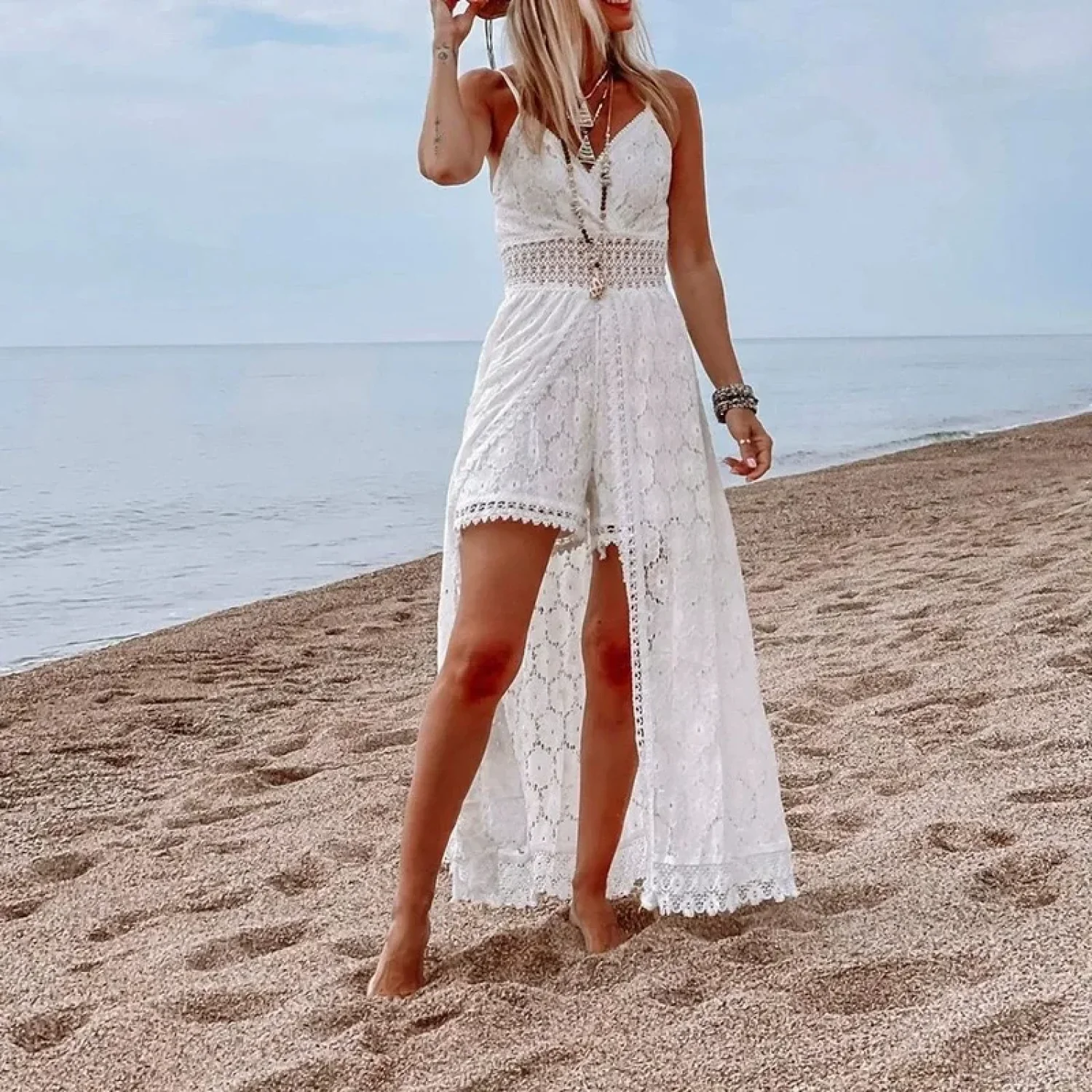 White Hollow Out Lace Strapless Sexy Split Midi Boho Dress - Image 3