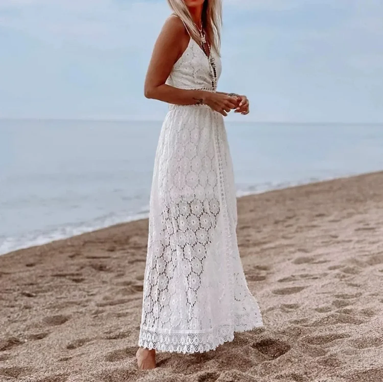 White Hollow Out Lace Strapless Sexy Split Midi Boho Dress - Image 4