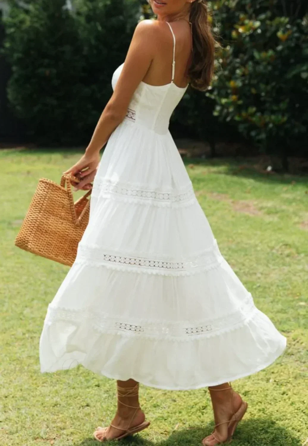 White Hollow Out Strapless Split Sleeveless Maxi Boho Dress - Image 5