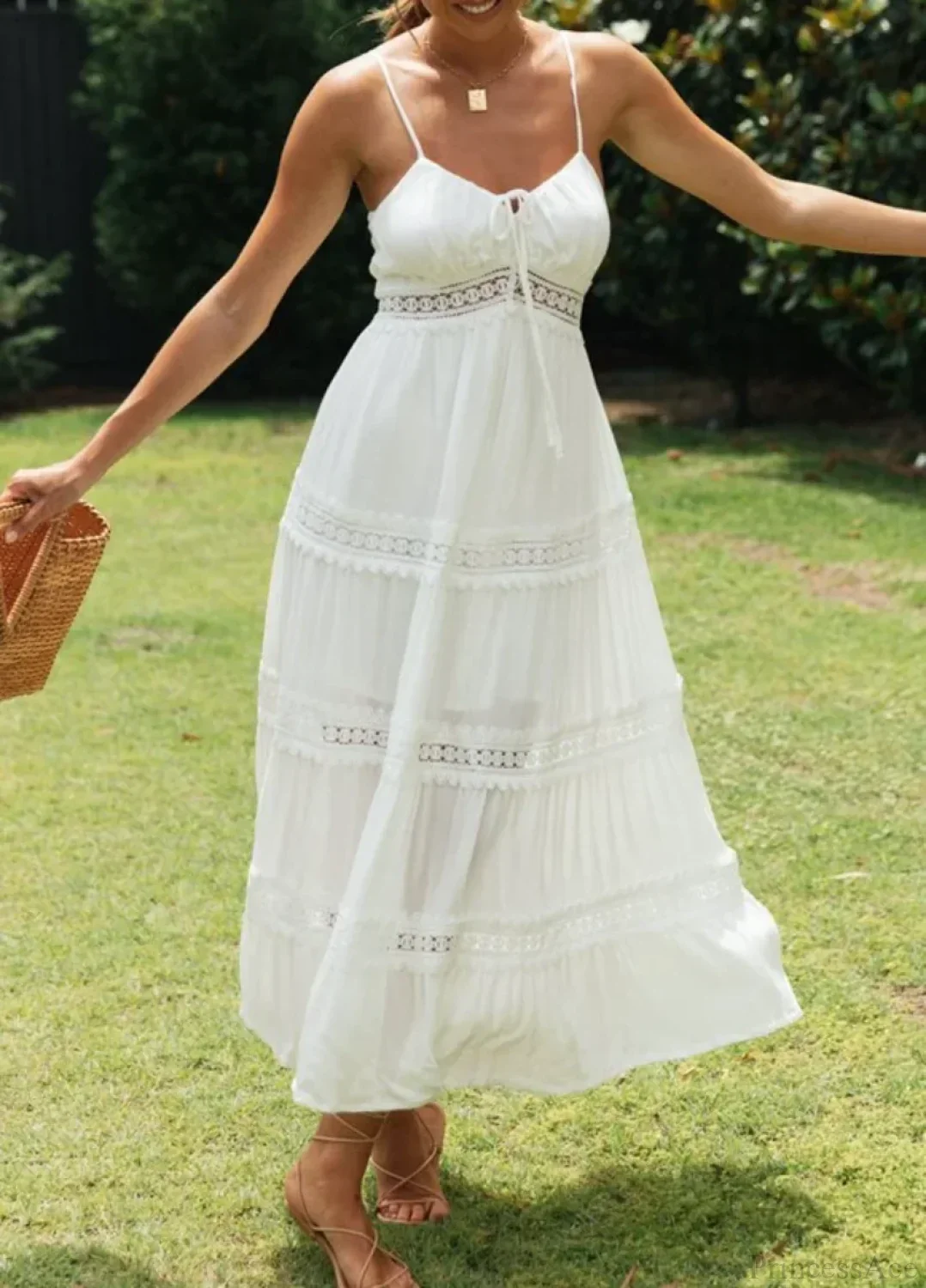 White Hollow Out Strapless Split Sleeveless Maxi Boho Dress - Image 6