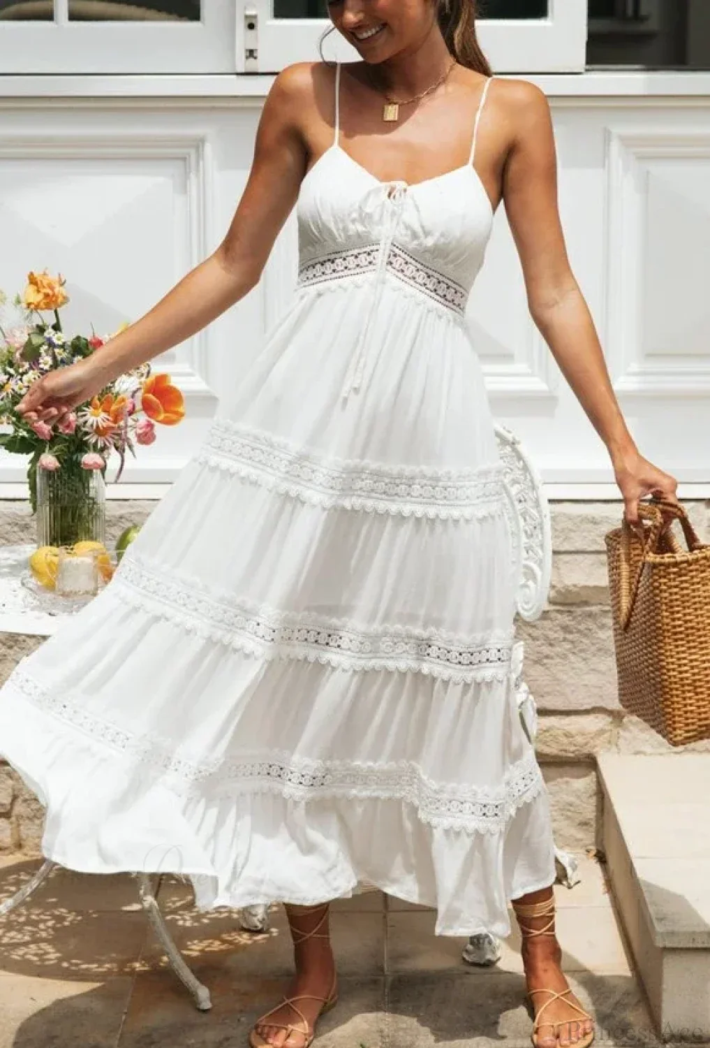 White Hollow Out Strapless Split Sleeveless Maxi Boho Dress - Image 7