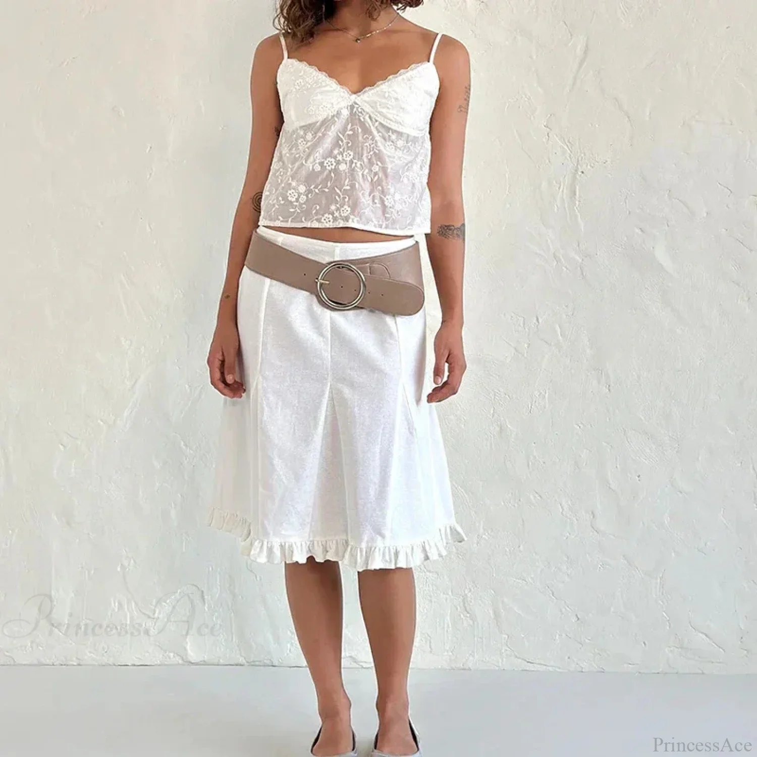 White Jacquard Floral Lace Trim V Neck Kawaii Fairycore 00s Y2K Camisole Crop Top - Image 2