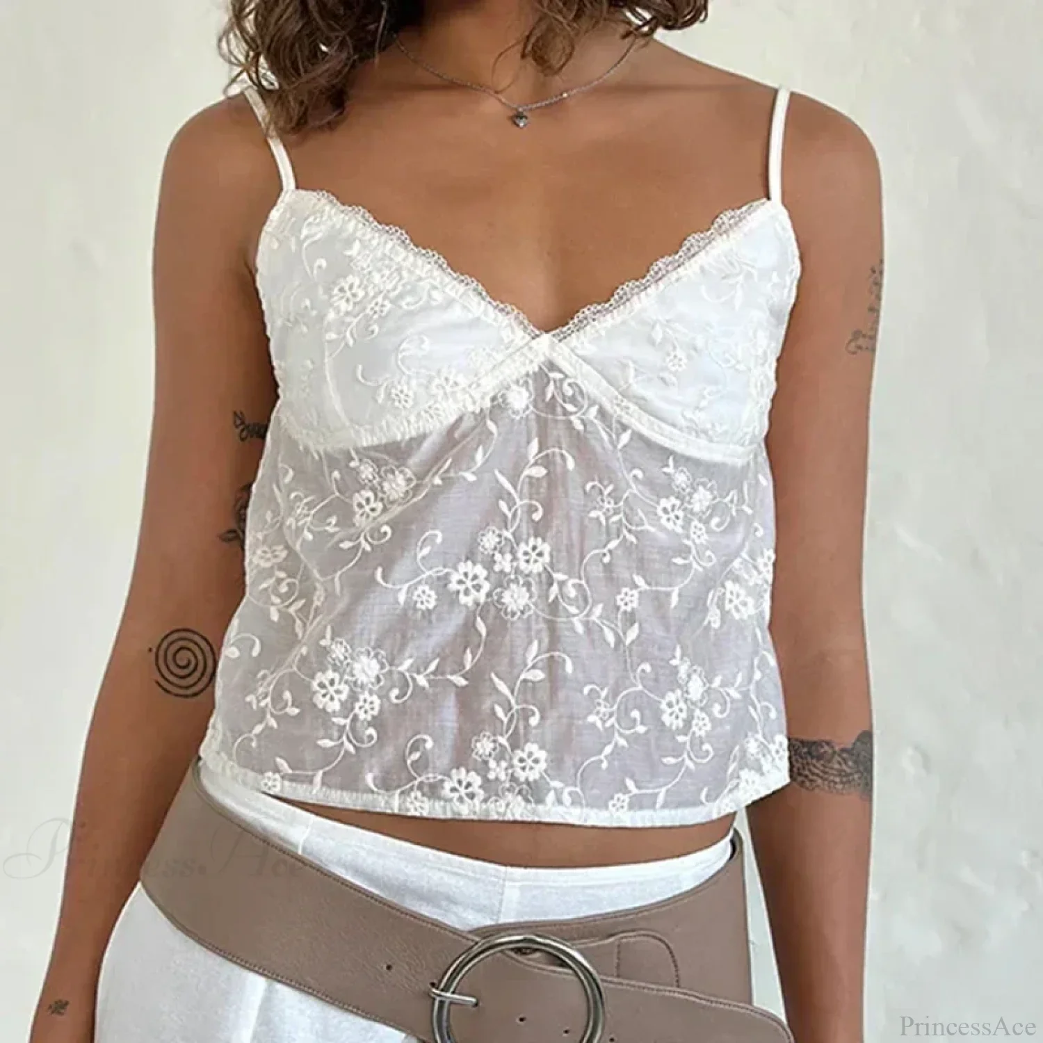White Jacquard Floral Lace Trim V Neck Kawaii Fairycore 00s Y2K Camisole Crop Top - Image 4