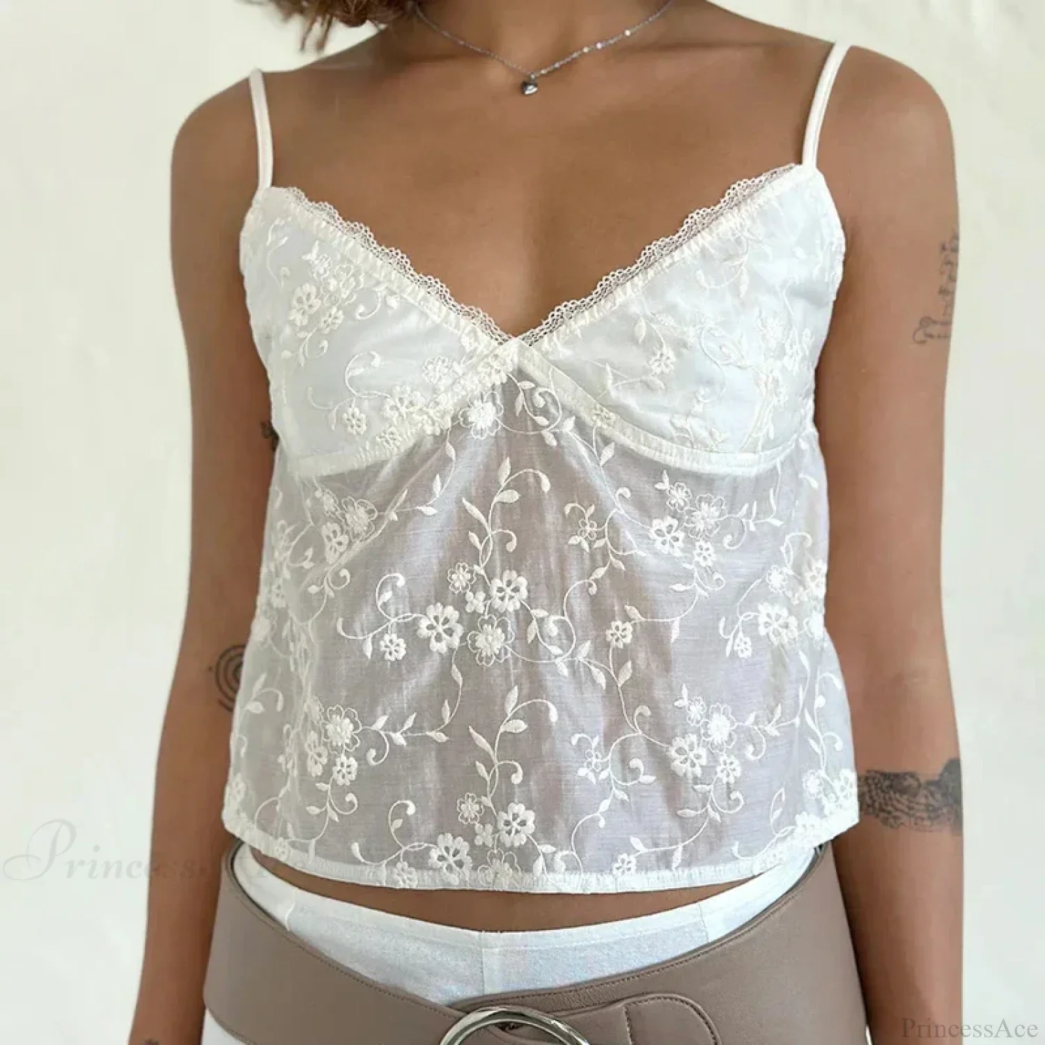 White Jacquard Floral Lace Trim V Neck Kawaii Fairycore 00s Y2K Camisole Crop Top - Image 5