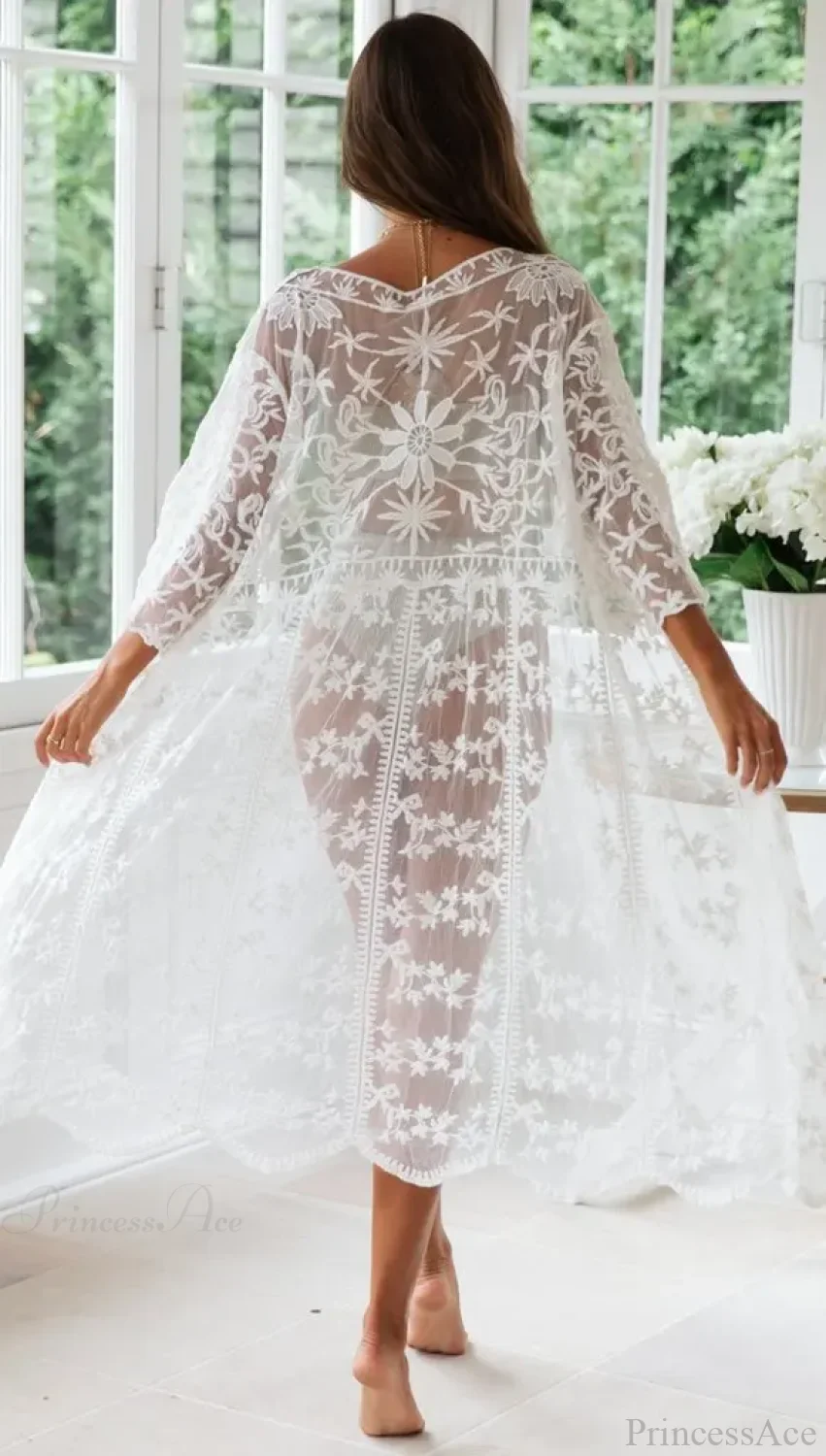 White Lace Cardigan Boho Bikini Cover Up See-through - Image 5