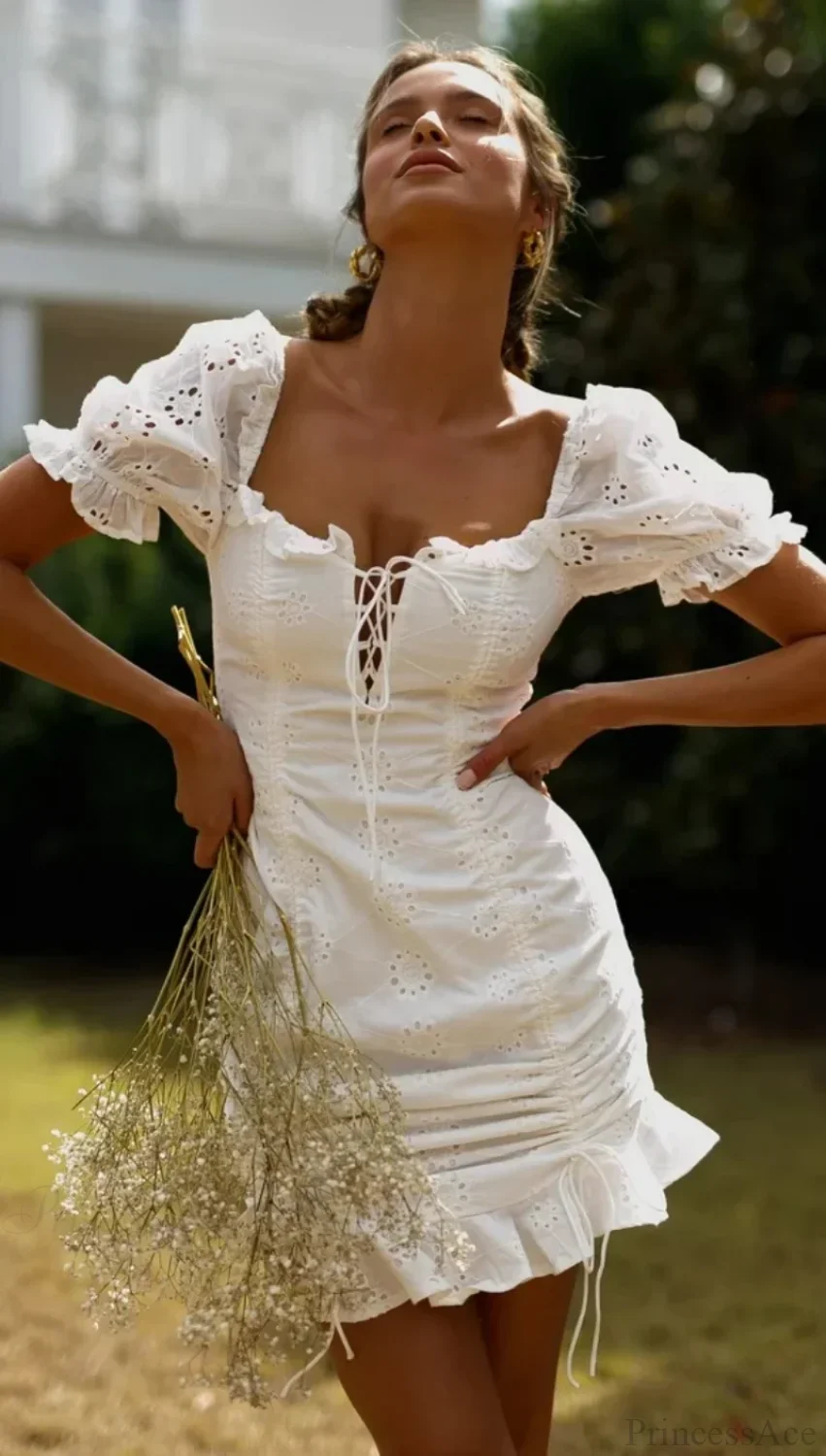 White Lace Cotton Short Sleeve Bodycon Mini Boho Dress